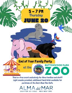 Alma Family End of Year Celebration at Buttonwood Park Zoo on June 20th