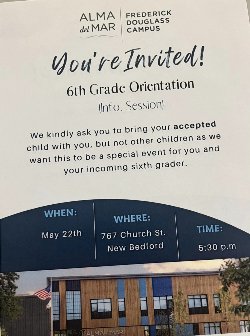 Sixth Grade Orientation on Wednesday, May 22 at 5:30 pm